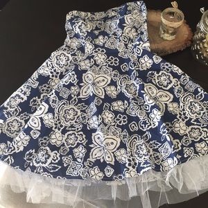 Navy blue and white strapless dress